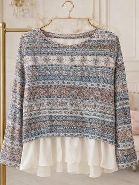 Boho Fair Isle Knit Top w/ Built‑In Ruffle Layer — KIARA S